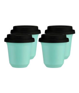 Zestaw 4 turkusowych kubków 150 ml z pokrywką Zestaw 4 turkusowych kubków 150 ml z pokrywką