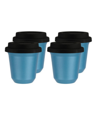 Zestaw 4 błękitnych kubków 240 ml z pokrywką Zestaw 4 błękitnych kubków 240 ml z pokrywką